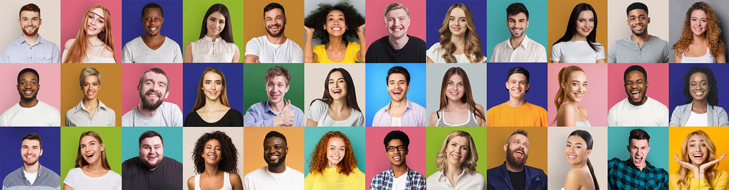 A grid of headshot photos of different people on different coloured backgrounds.