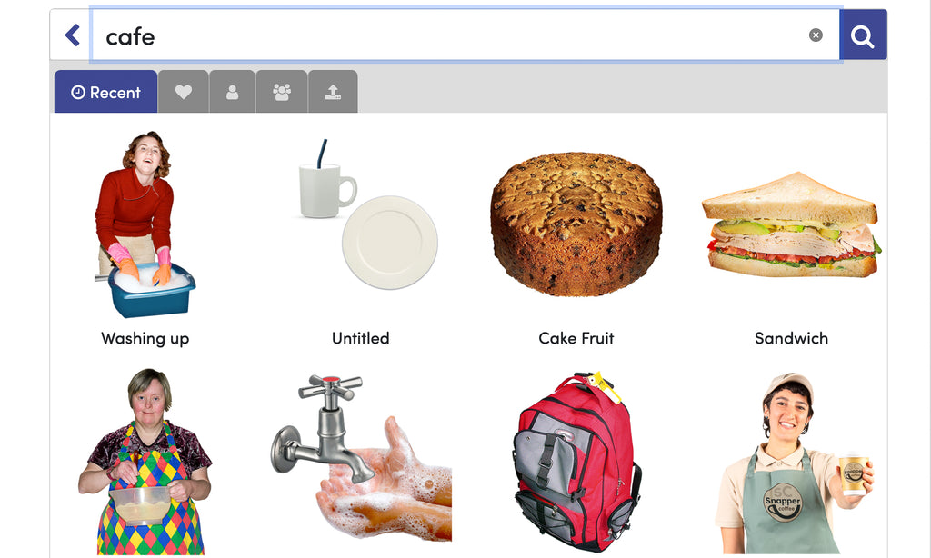 A screenshot of a search bar saying cafe, while underneath are images relating to cafe such as washing up, cake and a sandwich.