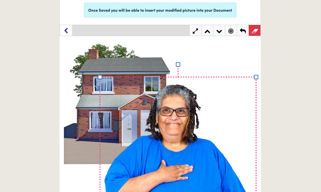 A screenshot of Photosymbols' Picture Editor with one element of the composition selected showing a border for changing the size of the image and buttons for manipulating the image.