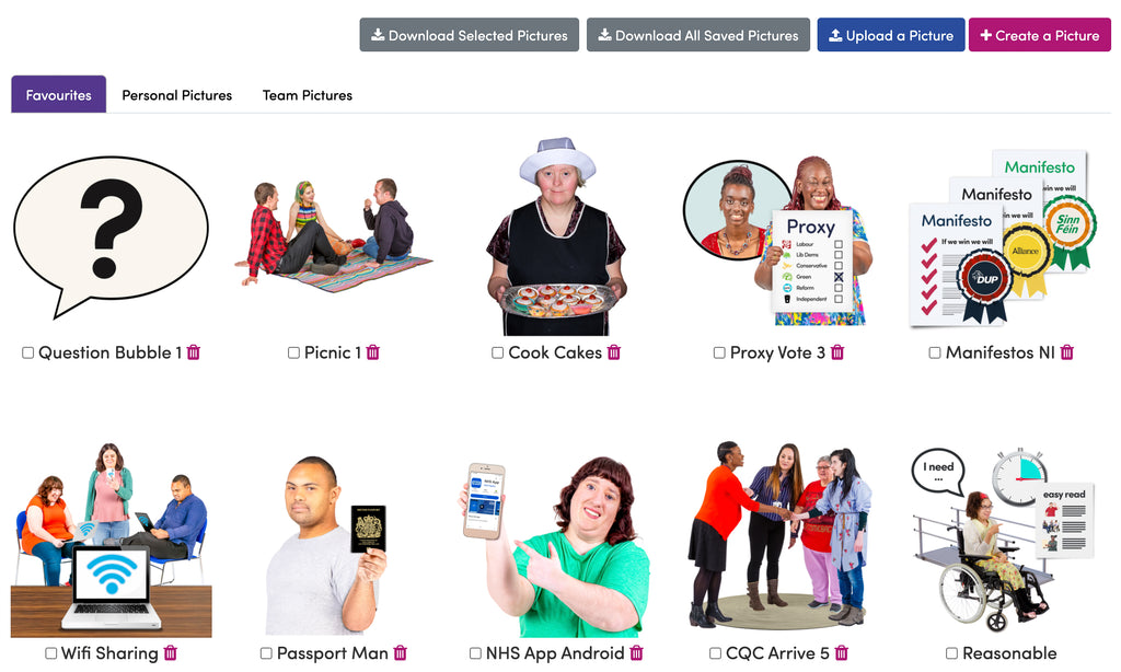 Ten images are displayed under a tab called 'Favourites'. They are a variety of images from the Photosymbols library.