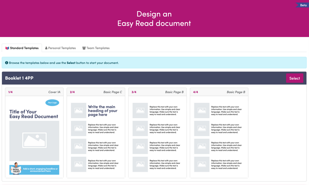 A still image from Design showing tabs for selecting Standard Templates, Personal Templates or Team Templates and a template document underneath.