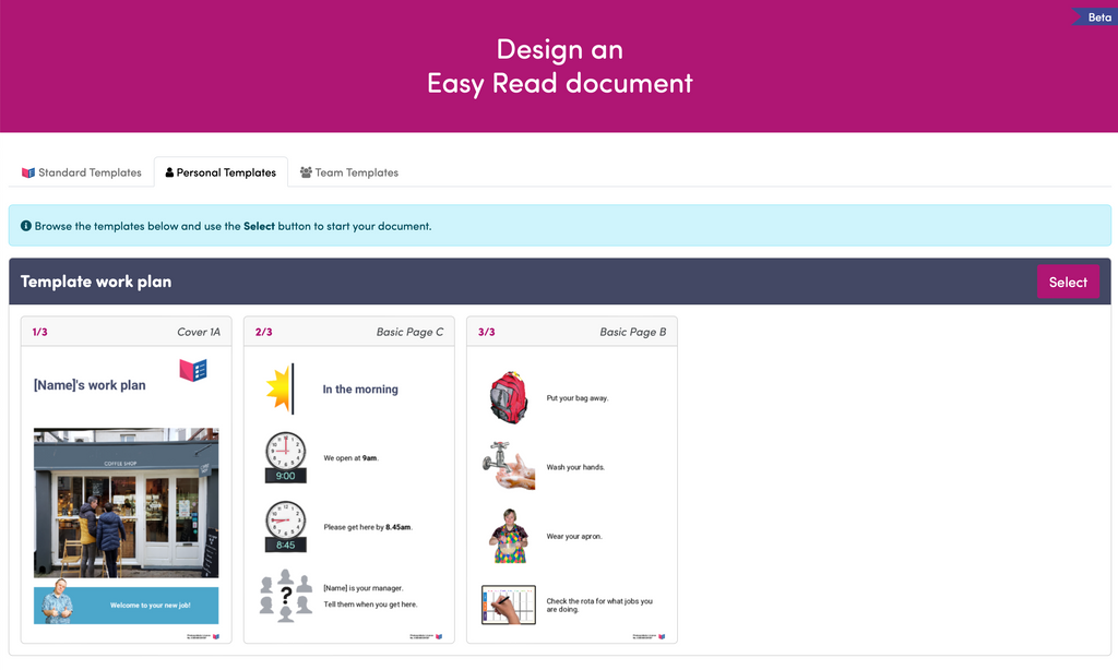 A screenshot of a tab called Personal Templates with a template underneath for a work plan.