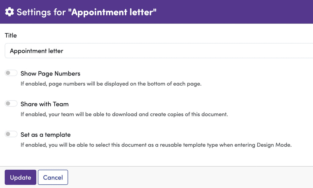 A screenshot of a menu entitled 'Settings for "Appointment Letter" and showing options for showing page numbers, sharing with team and setting as a template.