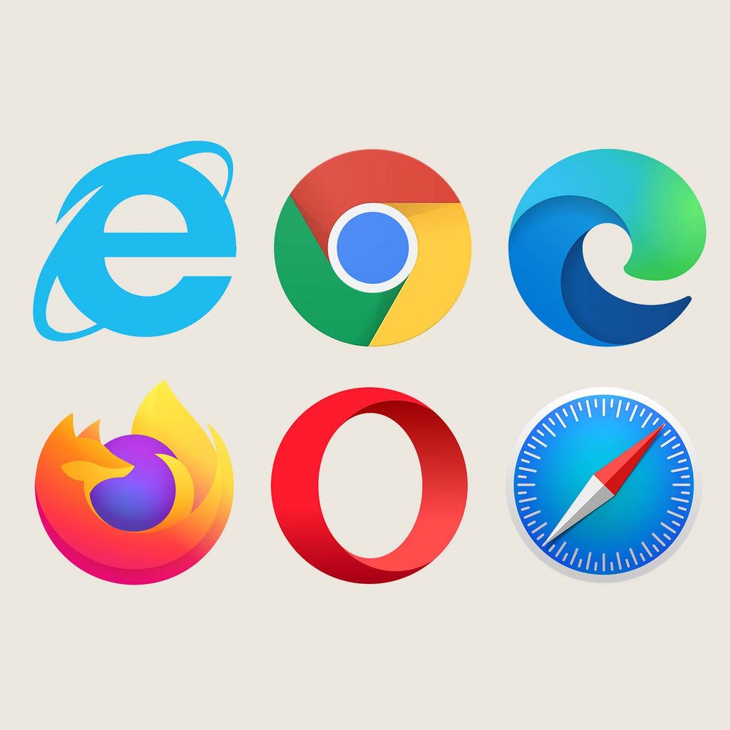 Logos for the main web browsers, Internet Explorer, Chrome, Edge, Firefox, Opera and Safari