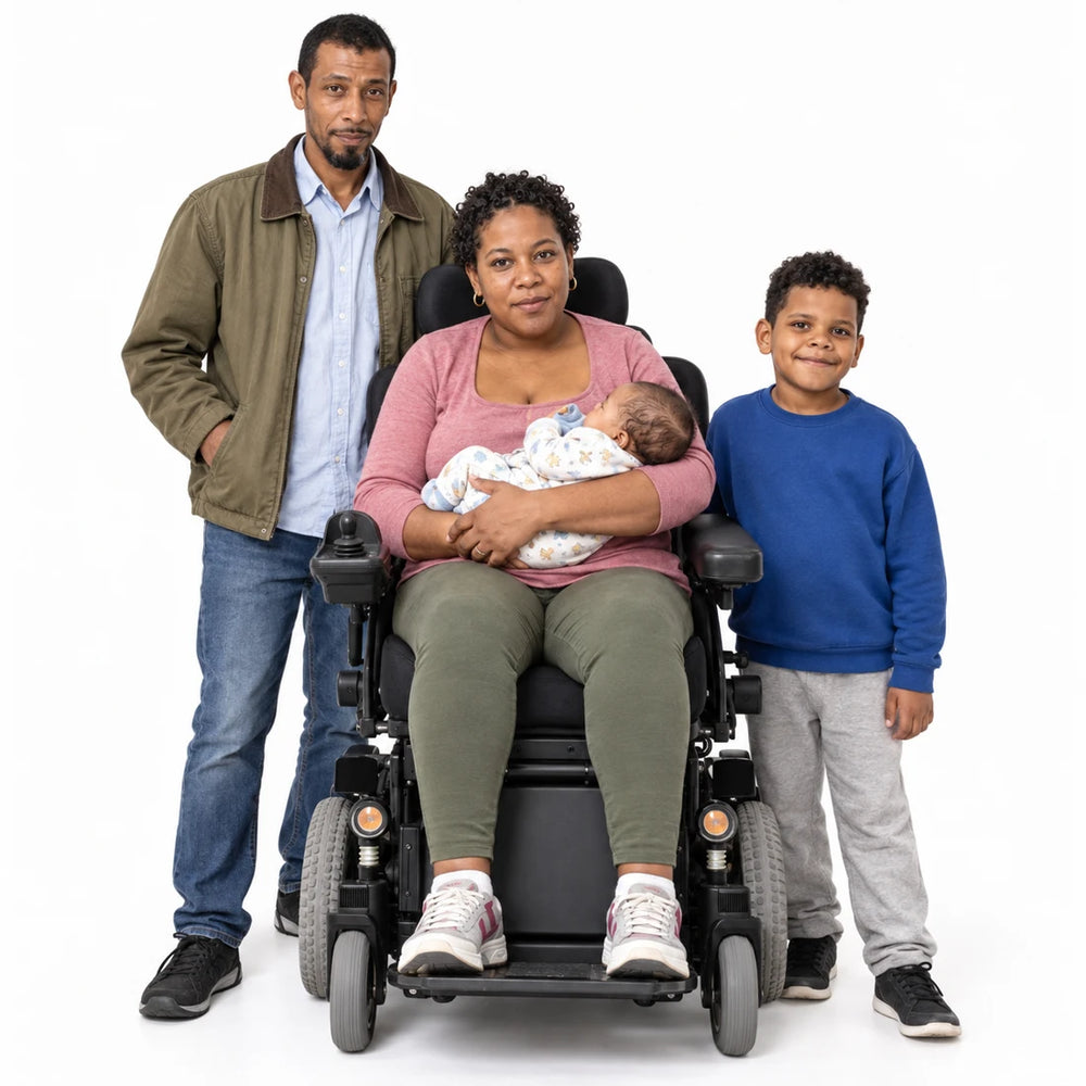 AI-assisted photographic interpretation: a family together, including a mother who uses a wheelchair
