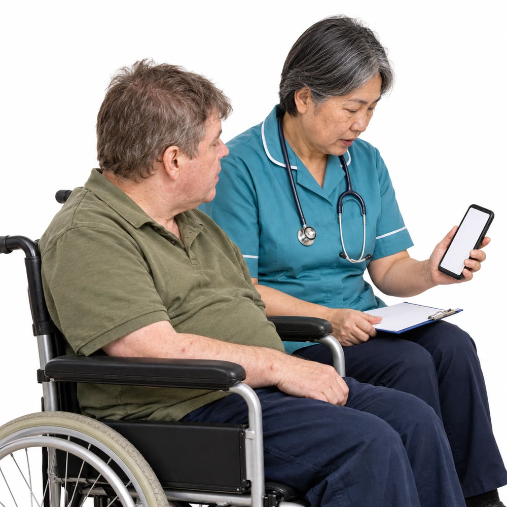 AI-assisted photographic interpretation: a doctor showing a phone to a man who uses a wheelchair