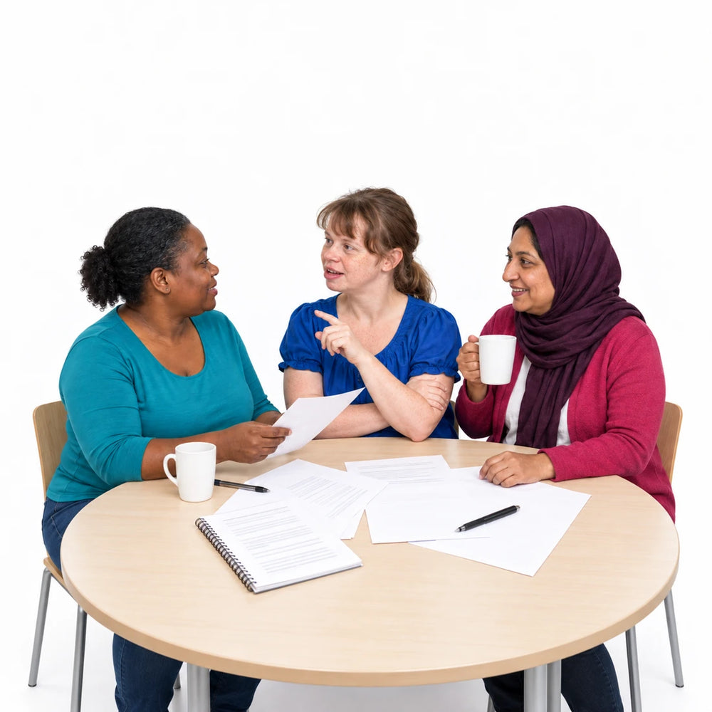 AI-assisted photographic interpretation: people discussing documents together at a meeting