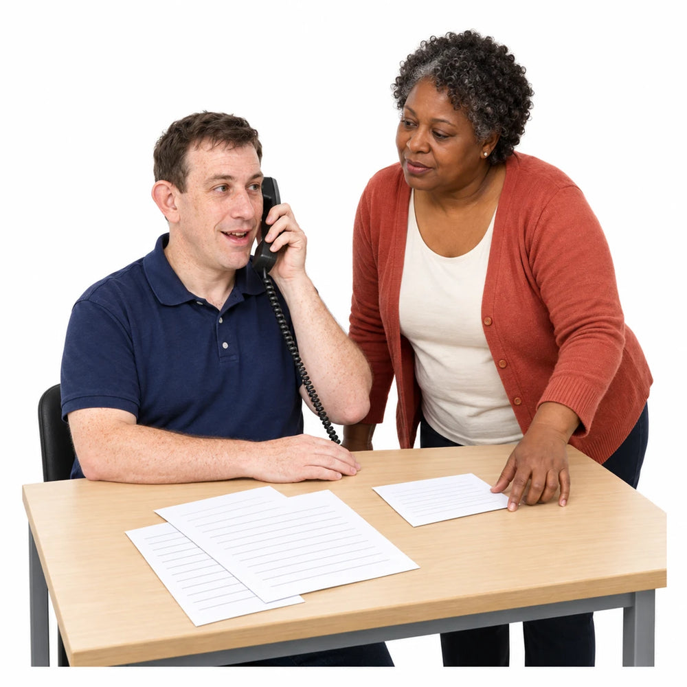 AI-assisted photographic interpretation: a supporter listening to a woman at a table