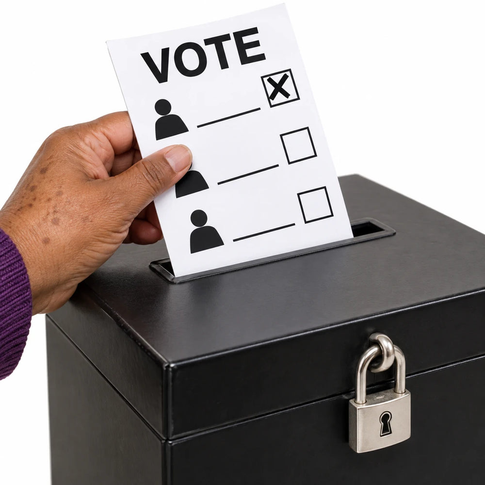 AI-assisted photographic interpretation: a hand posting a ballot paper into a ballot box