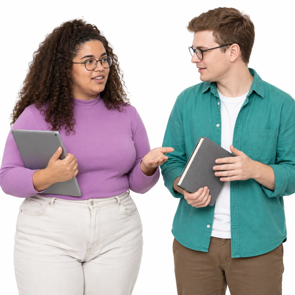 AI-assisted photographic interpretation: two students walking and talking together
