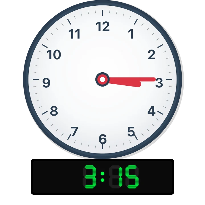A clock face showing quarter past 3, with a digital clock reading 3:15 underneath.
