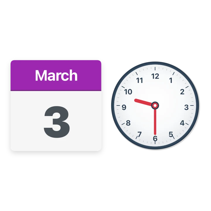 A calendar page for 3 March beside a clock showing half past 9.