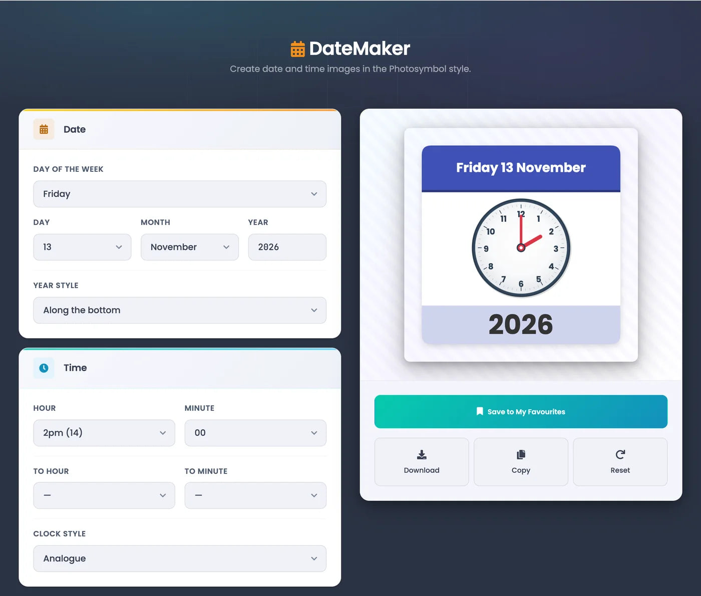 The DateMaker screen. Friday 13 November 2026 and 2pm are chosen, and the preview shows a calendar page for Friday 13 November with a clock at 2 o'clock and 2026 along the bottom.