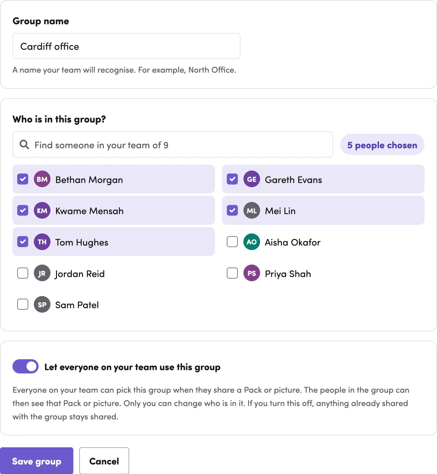 The form for a group called Cardiff office. Five of the nine people on the team are ticked and listed first, with a search box and a count that says 5 people chosen. A switch, turned on, says Let everyone on your team use this group, and below it a note that everyone on the team can pick this group when they share a Pack or picture, the people in the group can then see it, only you can change who is in it, and turning it off keeps anything already shared.