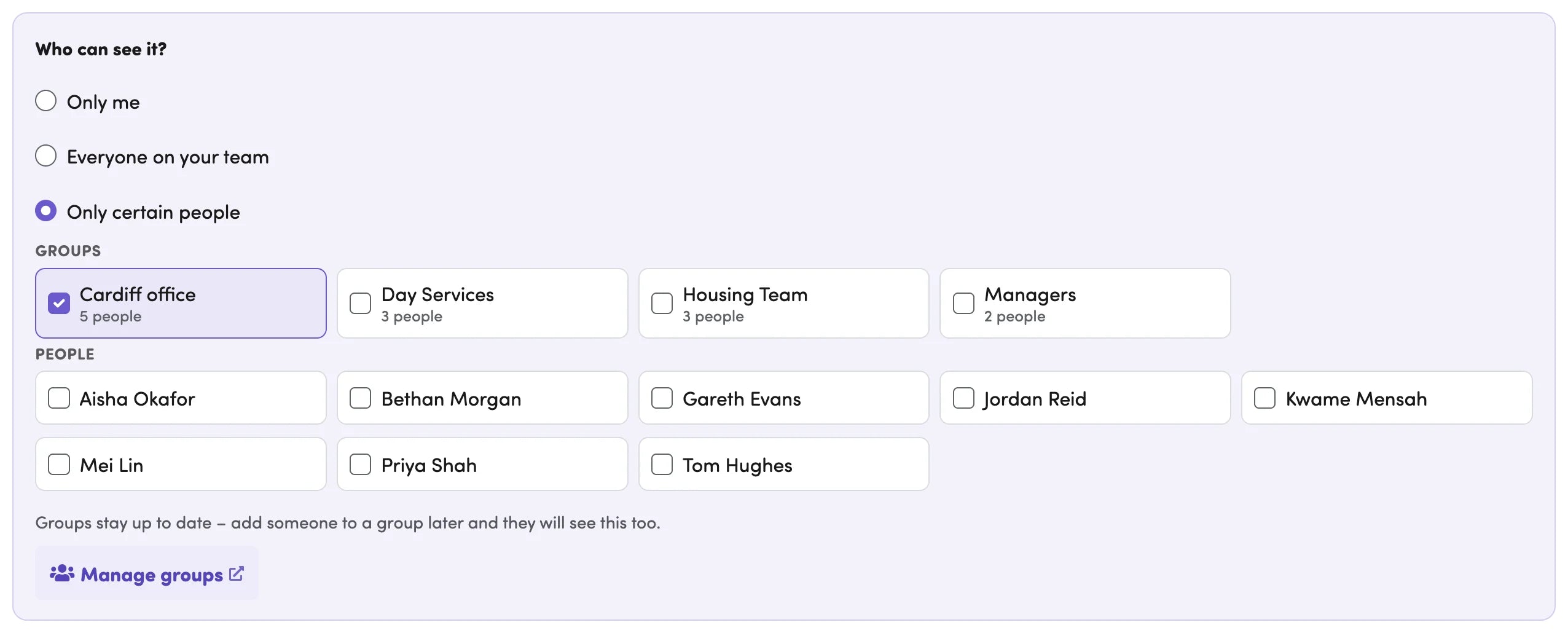 Uploading a picture. Under Who can see it?, Only certain people is chosen and the Cardiff office group is ticked. Below are the other groups and the people on your team to tick.