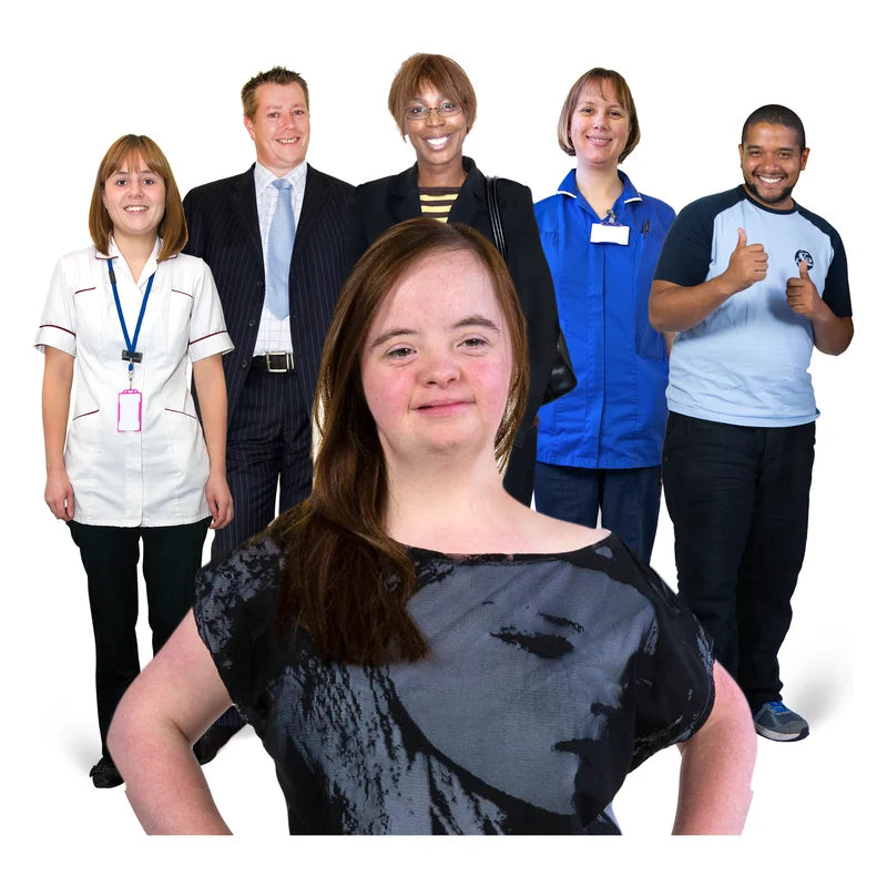 Six people who work in care and support standing together as a team, smiling. One gives a thumbs up.