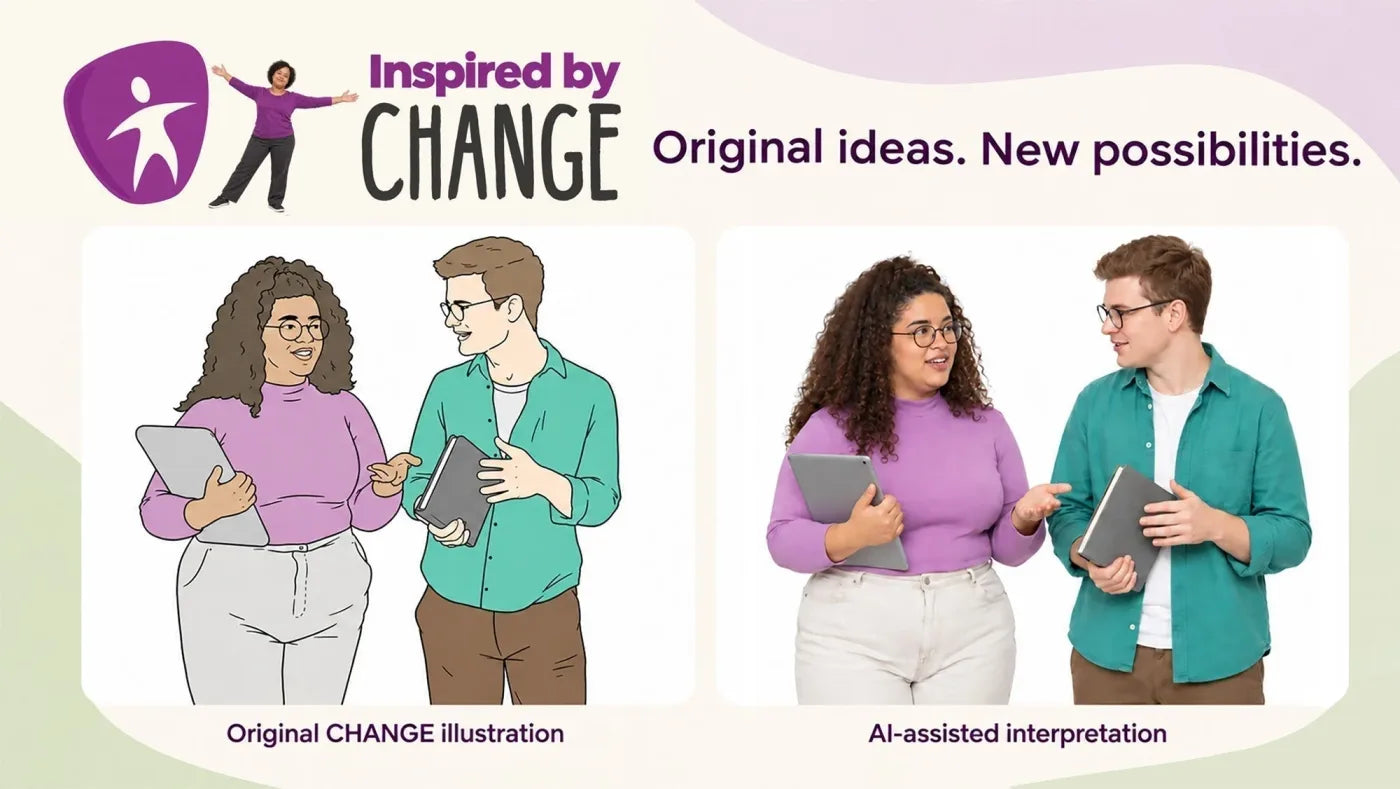 Inspired by CHANGE: original ideas, new possibilities. An original CHANGE illustration of two people talking, beside an AI-assisted photographic interpretation of the same scene.