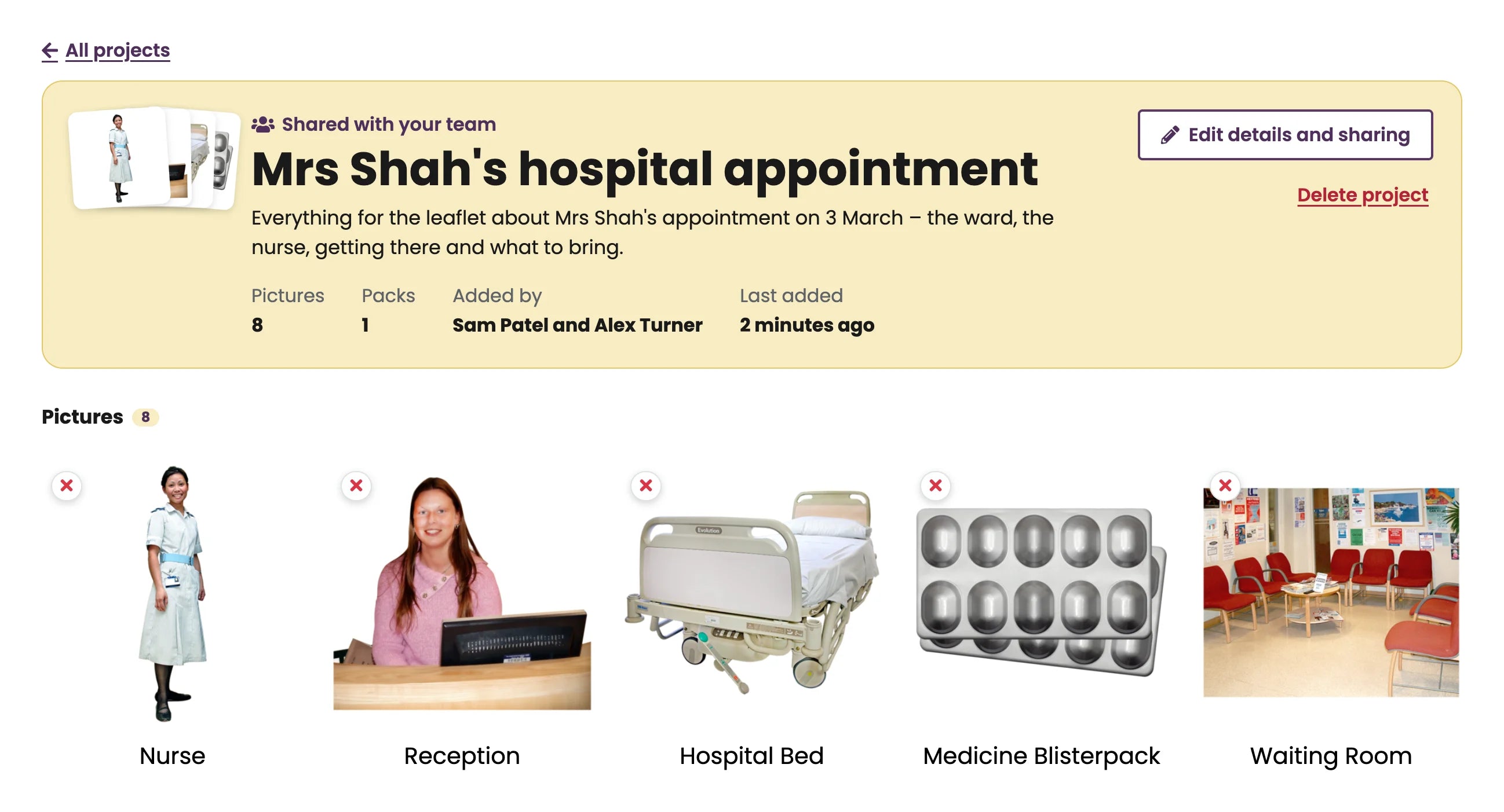A project called Mrs Shah's hospital appointment, in a yellow panel with an Edit details and sharing button. It says Shared with your team, what the project is for, then 8 pictures, 1 Pack, added by Sam Patel and Alex Turner, last added 2 minutes ago. Below, a row of pictures: a nurse, a reception desk, a hospital bed, a blister pack of medicine and a hospital waiting room.