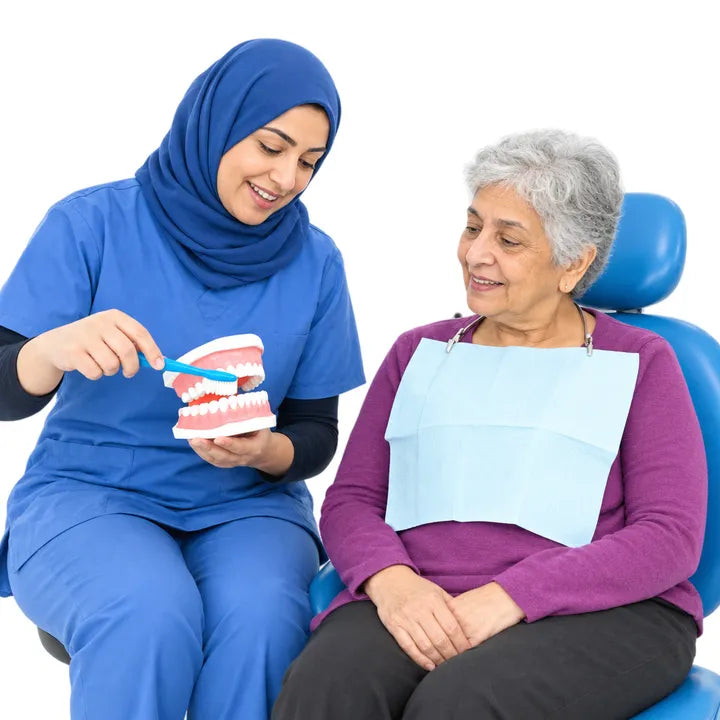 A dentist showing an older woman in a dental chair how to brush her teeth, using a model of some teeth.