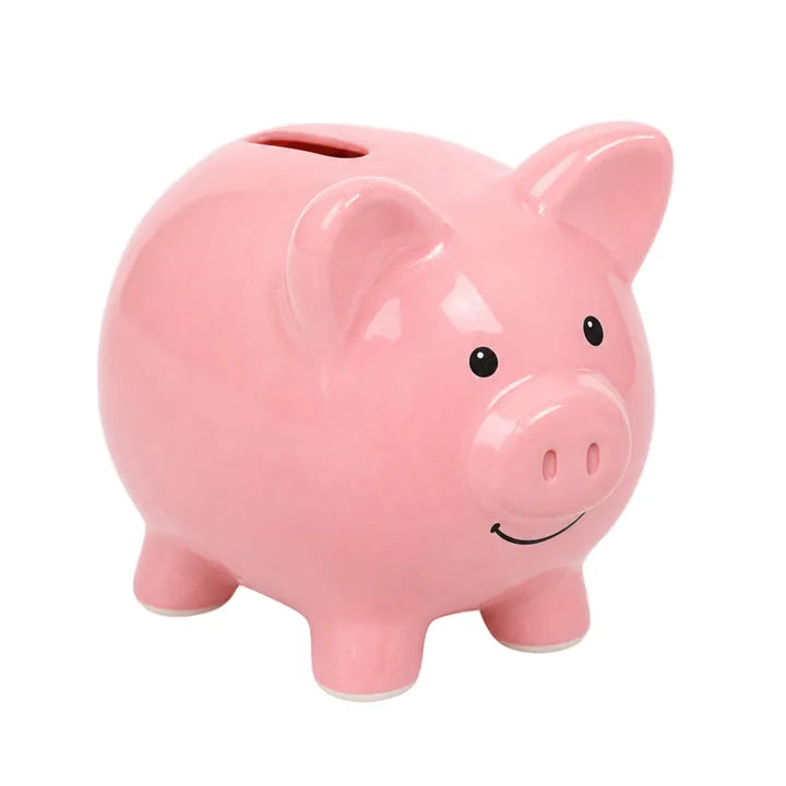 A smiling pink piggy bank.